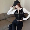 Y2K Vintage T-shirt Women Spring O Neck Long Sleeve Crop Top Korean Fashion Vintage High Street Zip Up Skinny Tees Streetwear. 