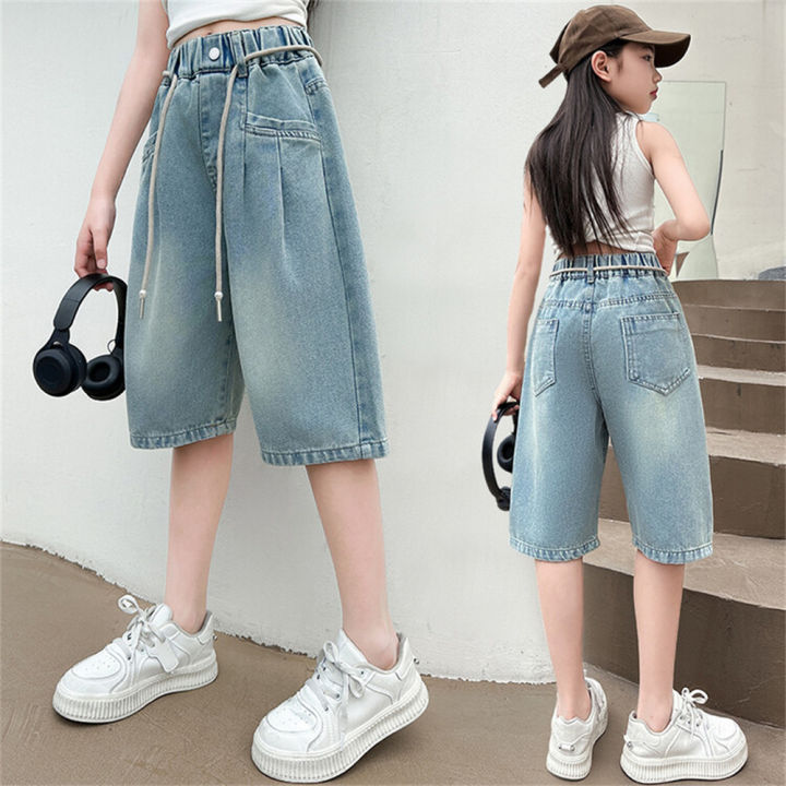2421 Distressed Jeans Summer Fashion Girls Denim Shorts Wear Through Youth Jeans Student Children's Denim Cropped Pants