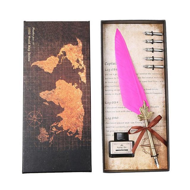 Retro Calligraphy Feather Dip Pen with 5 Nib Set Quill Fountain Writing Creative Vintage Stationery Classic Gift Box without Ink