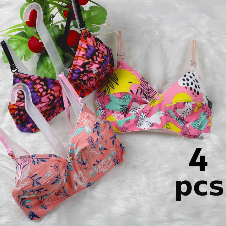 4 Pack Cotton Spandex Non Padded Printed Everyday Bras for Women and Girls