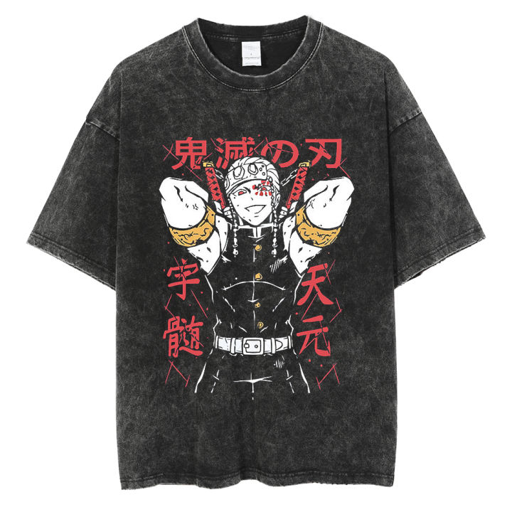 Streetwear Washed Anime Demon Slayer Graphic T Shirt Oversized Men Cotton T-Shirt Hip Hop Loose Tops Tees Black Retro Tshirt