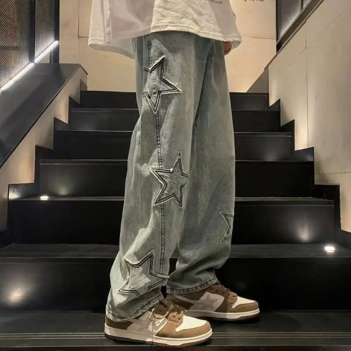 Y2K American High Street Fashion Jeans Vintage Men Streetwear Star Aesthetic Spliced Denim Straight Loose Mop Wide Leg Pants