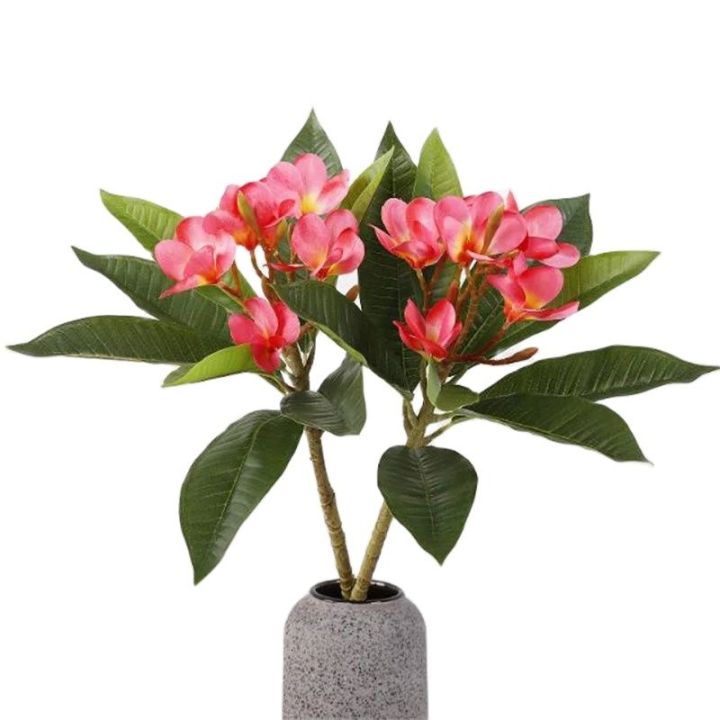 One Faux Single Stem Frangipani 23 Length Simulation Plumeria Real Touch Green Leaf for Wedding Centerpieces 3 Colors