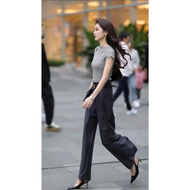 Spring and Summer Fashion High Waist Straight Slimming Textured Gray Casual Wide Leg Suit Pants Thin+All-matching baseTWomen's T-shirt Suit