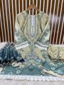 Elegant Beige & Teal Floral Stitched 3-Piece Suit with Lace Detailing. 