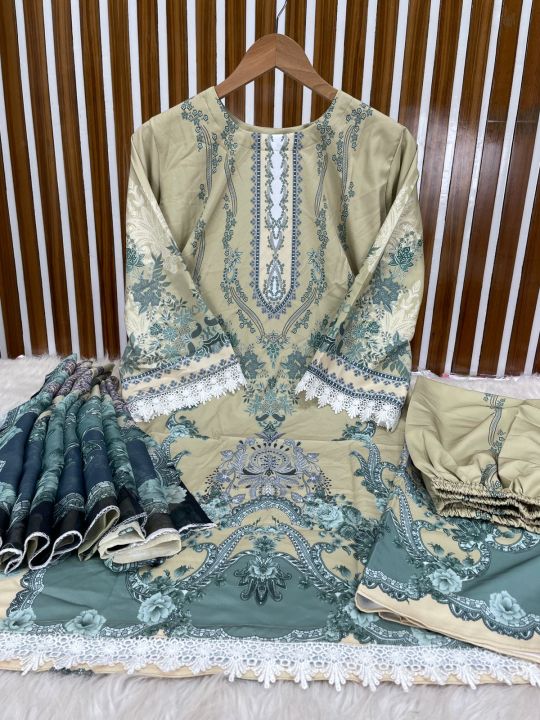 Elegant Beige & Teal Floral Stitched 3-Piece Suit with Lace Detailing