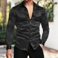 Men Shirt Satin Solid Color Turn-down Collar Autumn Shirt Long Sleeves Single-breasted Formal Shirt Buttons Men Prom Shirt. 
