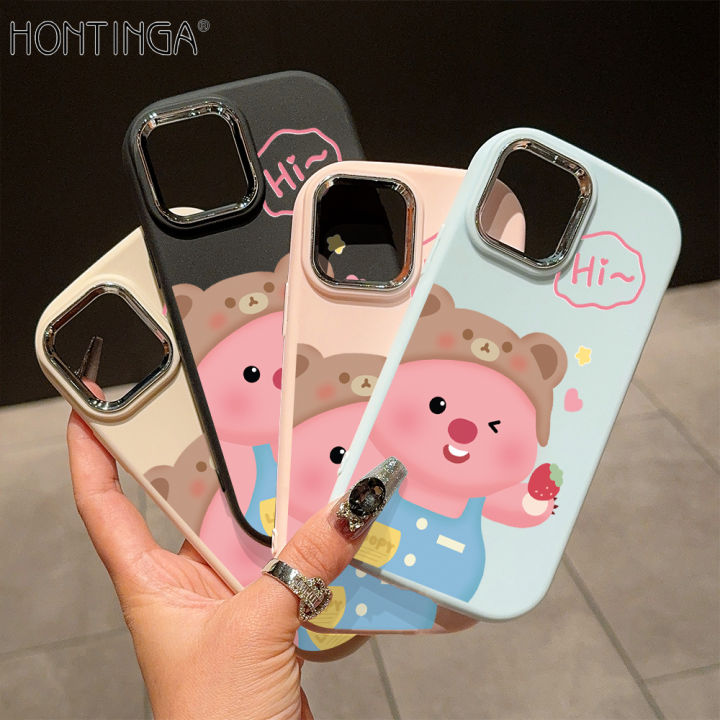 Hontinga for iPhone 15 11 13 14 12 Pro Max 6 6S Plus XR 8 7 Plus XS X Max SE 2020 Back Cover Luxury Silver Edge Lens Cartoon Loopy Pattern Soft Liquid Silicone Phone Case