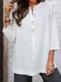 Whimsical White: Casual Tunic with Buttons and O-Neck. 