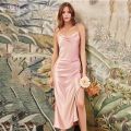 MisShow Satin Cowl Neck Women Beach Midi Dresses for Summer High Slit Sheath Evening Party Dresses for Christmas New Year. 
