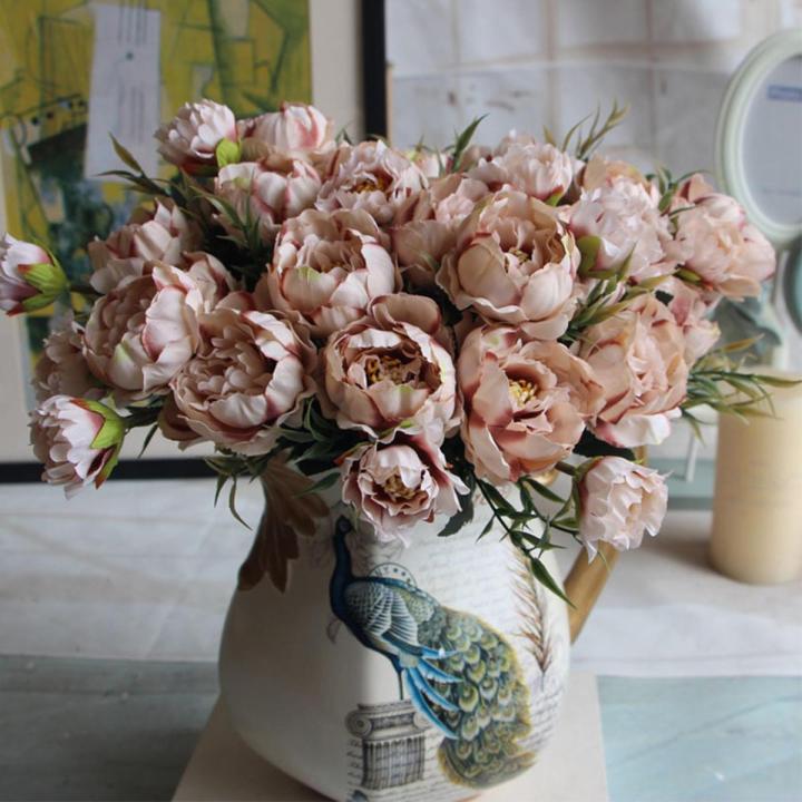 Shabby chic Bouquet European Pretty Bride Wedding Small Peony Silk Flowers Cheap Mini Flowers for Home Decoration Indoor
