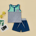 2 Pcs Newborn Casual Outfits, Baby Boys Contrast Color Round Neck Tank Tops with Pocket + Drawstring Shorts 0-3T. 