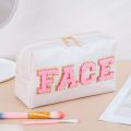 Cute Travel Chenille Varsity FACE Letter Makeup Bag Preppy Patch Cosmetic Pouch for Teens Girls Women Toiletry Storage Organizer.