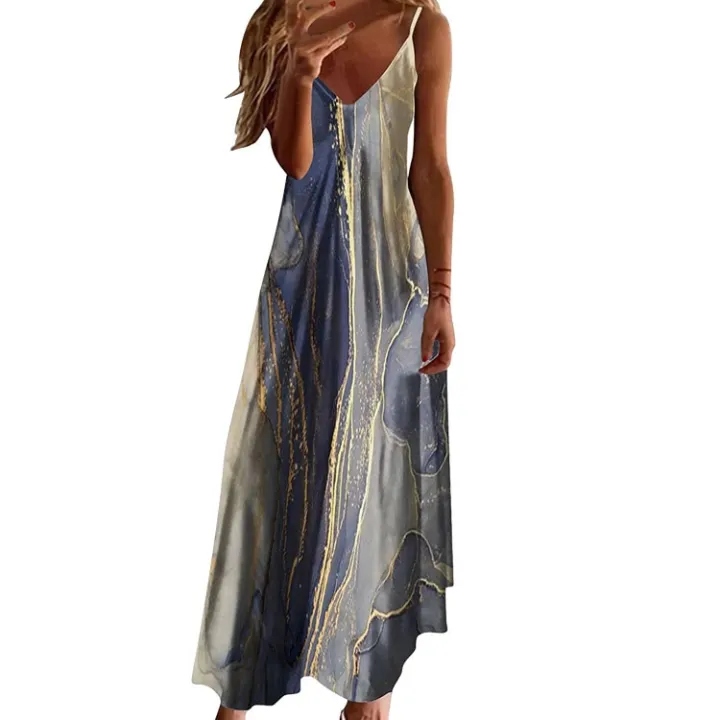 2023%20Summer%20Oversized%20Women's%20Sleeveless%20A%20Version%20Long%20Dress%20Cross%20border%20V-neck%20Positioning%20Flower%20Loose%20Strap%20Dress%20-%20Image%202