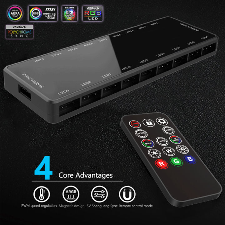 ARGB Controller for pc 1 To 9 Hub Remote Control 5V 3 Pin Cooling Fan Controller Adapter 4 Pin Pwm Docking Station for pc Case