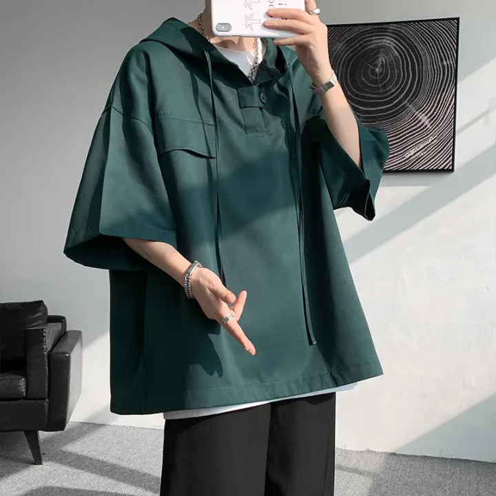 5%20Colors%20Summer%20Hooded%20T%20shirt%20Men%20Korean%20Half%20Sleeve%20Pullover%20Streetwear%20Loose%20T-shirt%20Tops%20Drawstring%20Men%20Clothing%205XL-M%20-%20Image%206