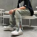 Side Slit Zipper Pierced Jeans Men's Straight Tube Micro Flared Pants Autumn American High Street Vibe Fashion Zipper Hem Jeans. 