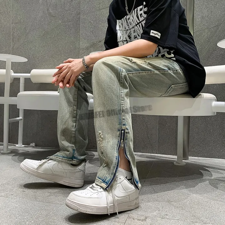 Side%20Slit%20Zipper%20Pierced%20Jeans%20Men's%20Straight%20Tube%20Micro%20Flared%20Pants%20Autumn%20American%20High%20Street%20Vibe%20Fashion%20Zipper%20Hem%20Jeans%20-%20Image%202