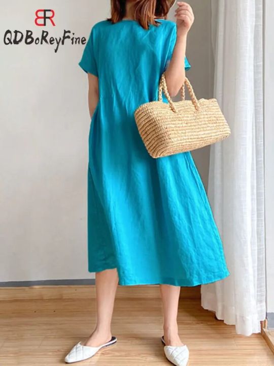 Summer%20Women%20Dress%20Casual%20Loose%20Short%20Sleeve%20A-LINE%20Oversize%20Solid%20Midi%20Dress%20Cotton%20Linen%20Dresses%20for%20Women%20Vestidos%20De%20Mujer%20-%20Image%204