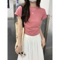 European and American Solid Color Shoulder T T-shirt Short-Sleeved Women's Summer Slim-Fit Chic Short Waist Easy Matching Waisted Gray Top.