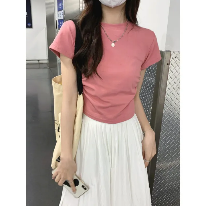European%20and%20American%20Solid%20Color%20Shoulder%20T%20T-shirt%20Short-Sleeved%20Women's%20Summer%20Slim-Fit%20Chic%20Short%20Waist%20Easy%20Matching%20Waisted%20Gray%20Top%20-%20Image%203