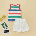 2 Pcs Newborn Casual Outfits, Baby Boys Contrast Color Round Neck Tank Tops with Pocket + Drawstring Shorts 0-3T. 