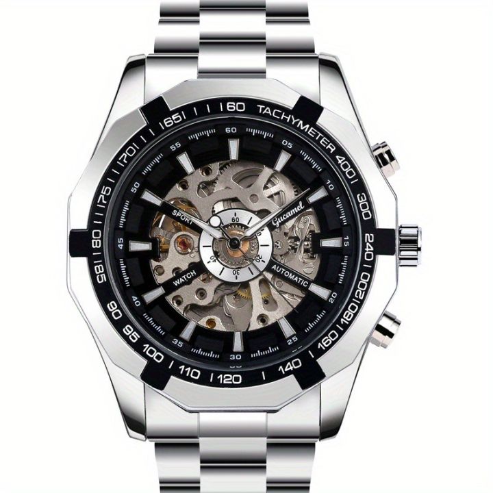 1pc Men Business Casual Skeleton Automatic Mechanical Watch Fashion Luminous Steel Band Mechanical Watch