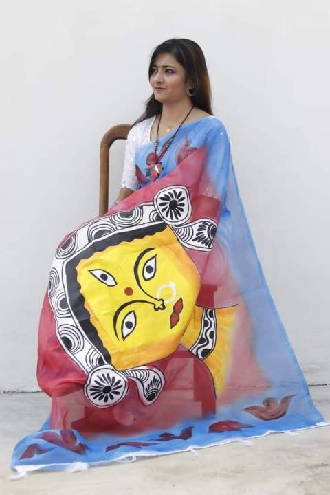 Durga%20Puja%20Hand%20Print%20Half%20Silk%20Saree%20for%20women%20-%20Image%202