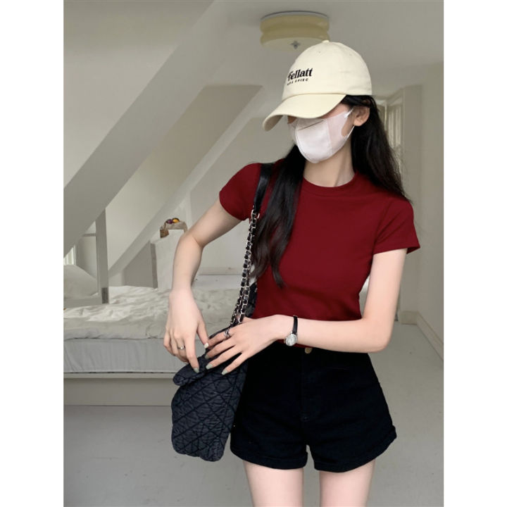 Small%20Red%20T%20T-shirt%20Women's%20Short-Sleeved%20Short%20Tight%20Hot%20Girl%20Top%20Summer%20New%20Solid%20Color%20Slim-Fit%20Shoulder%20T-shirt%20-%20Image%203