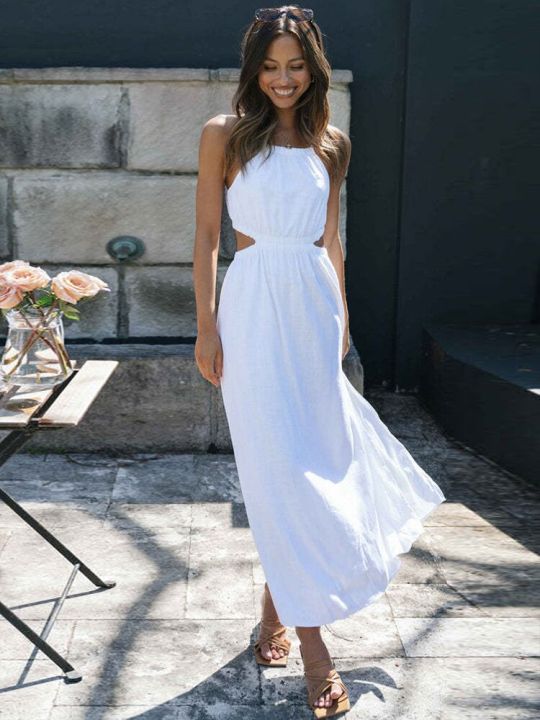 Sleeveless Beach Boho Summer Midi Dress Women Red Cut Hollow Out Waist Dresses Sundress Vintage French Style Dress