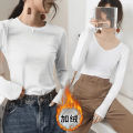 Autumn and Winter 2020 New Solid Color Long Sleeve T Women's Black round Neck Slim Bottoming Shirt Fleece-lined Thickened Inner Wear Top.