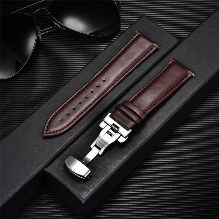 Smooth Calfskin Leather Watchband 20mm 22mm Straps For Samsung Galaxy Watch 3 41mm 45mm Active 40mm 44mm with Solid Automatic Butterfly Buckle Business Watch Band