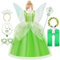 Halloween Halloween Tinkerbell Costume for Girls Flower Fairy Princess Cosplay Outfits Kids Green Gown Children Birthday Tiana DressDolls Accessories. 