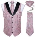 Pink Paisly Suit Vest Set 5 PCS Tuxedo Waistcoat And Tie Pocket Square Cufflinks Tie Clips For Wedding Mens Clothing Blazer Vest.