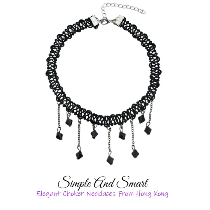 Necklace%20For%20Girls%20Choker%20Necklace%20Women%20Fashion%20Jewelry%20CN-01B%20Simple%20And%20Smart%20Black%20Lace%20Necklace%20With%20Hanging%20Beads%20-%20Image%204