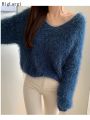 Lantern Sleeve Knitted Mohair Sweater Women Pullover Lazy Oaf Ladies Jumpers Tops Femme Korean Casual 2022 Autumn Pull Femme.