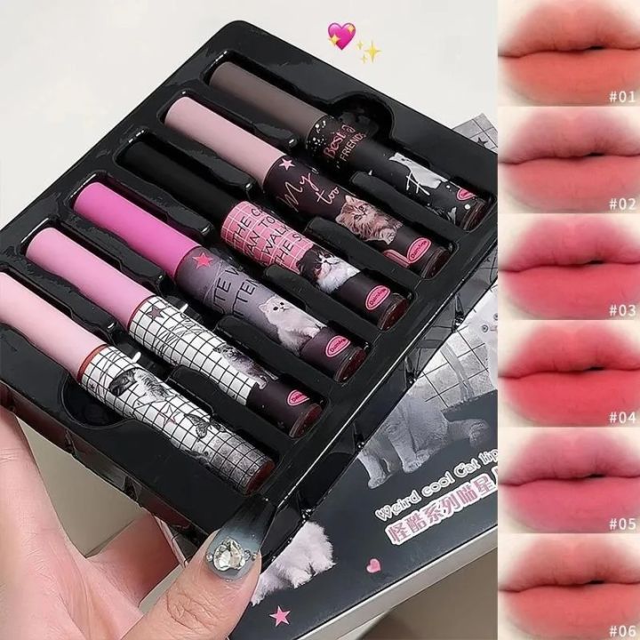 6Pcs Cute Cat Lip Glaze Pink Matte Velvet Lipstick Set Non-stick Cup Lip Gloss Kit