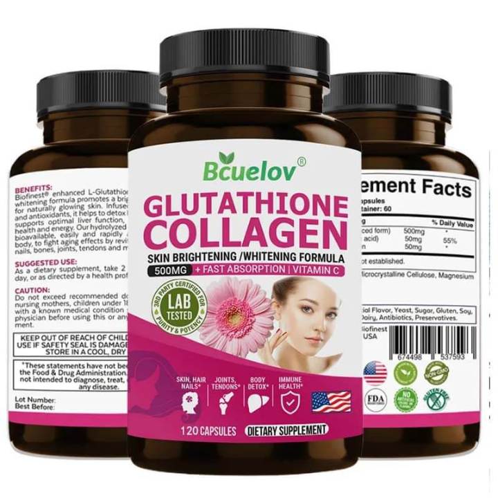 Glutathione Collagen 500mg Supplement 120 Capsules Skin, Hair, Nails Bone Joint Support  by Bcuelov