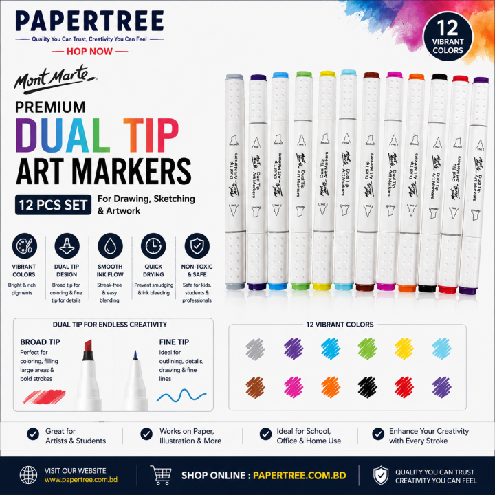 Mont Marte Premium Dual Tip Art Markers 12 Pcs for Drawing, Sketching & Artwork