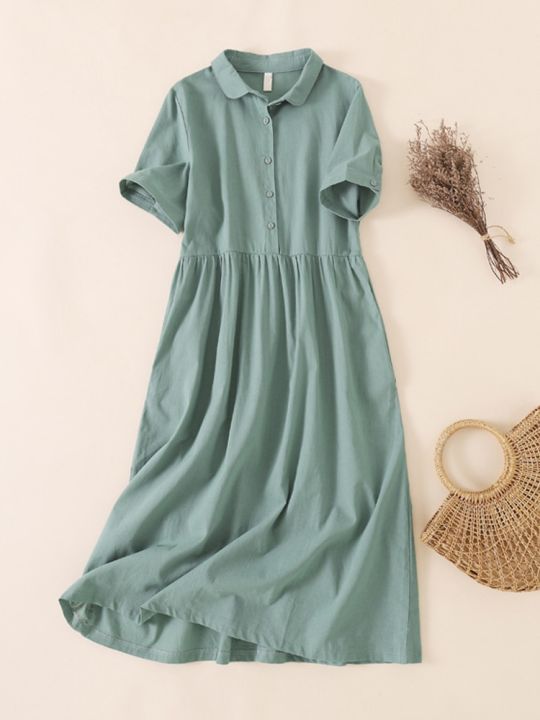 Loose Midi Dress Women Vintage Solid Cotton Dresses Summer Peter