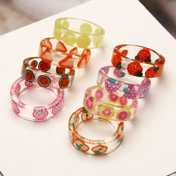 8 Style Transparent Colorful Fashion Resin Fruit Ring Set Sweet Temperament Acrylic Rings for Women Party Jewelry Friends Gift