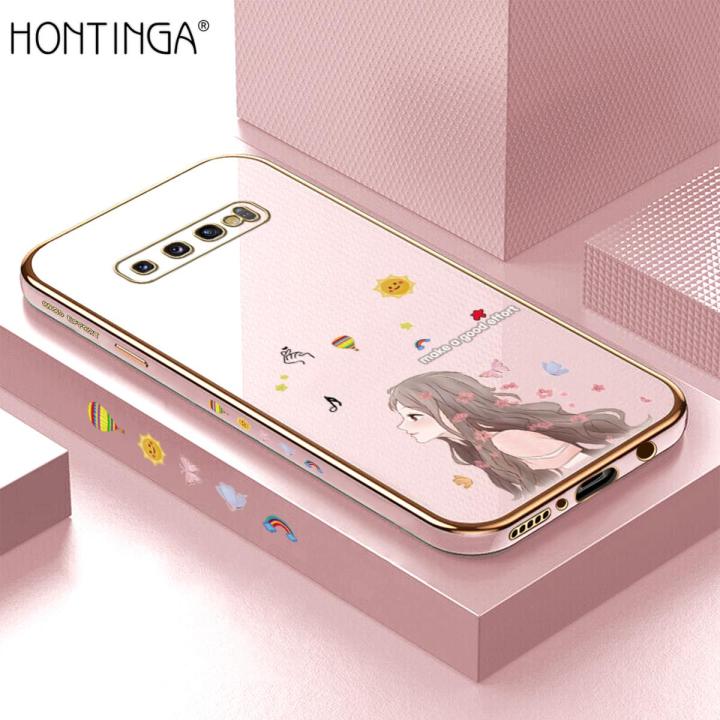 Hontinga for Samsung Galaxy S10 Plus Back Cover Free Lanyard Luxury 6D  Plating Sunshine Girl Side Pattern Case Soft Silicone Square Phone Cases 