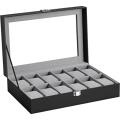 SONGMICS Watch Box with 12 Slots, Watch Case with Glass Lid, Watch Display Box with Removable Watch Pillows, Metal Clasp, Gift Idea, Black Synthetic Leather, Grey Lining JWB12BK. 