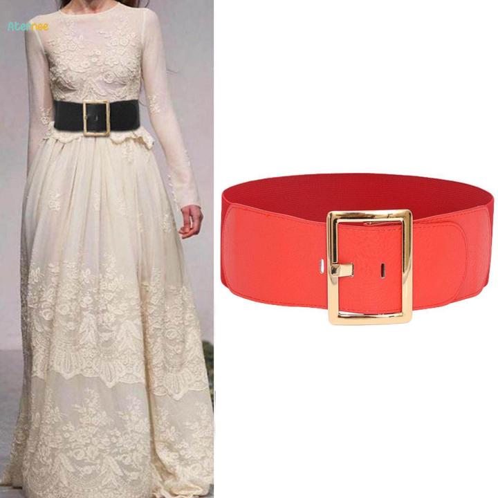 Women's Stretch Belt Metal Buckle Women Wide Waist Belt for Dress Coat Women Red