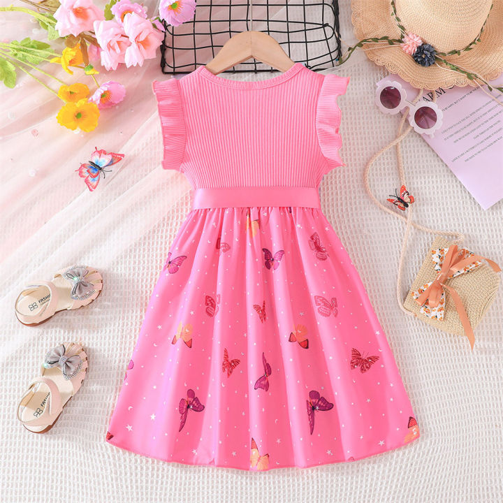 GC Kids Girls Cartoon Butterfly Pattern Dress Round Neck Cotton Ruffled Sleeve Dress Summer Basic Casual Outfits