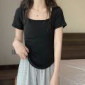 Women Long Sleeve Square Neck T-Shirt Spring And Autumn New Irregular Hem Slim Casual Top Girl Bottom Shirts.