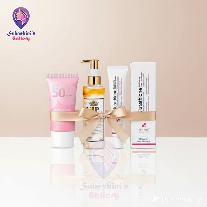 VIP Glow Brightening Pack – KEM COT VIP Body Lotion + Sakura Sunscreen + Glutathione Cream | Full Body Whitening & Skin Brightening Combo