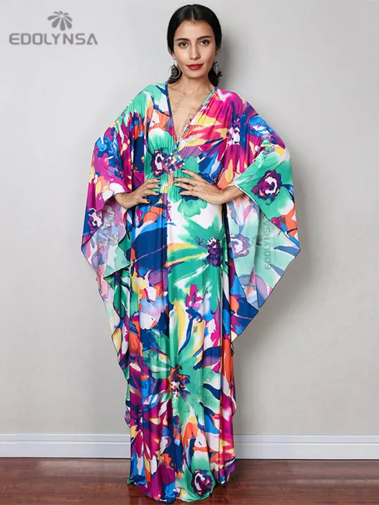 Deep%20V-neck%20Batwing%20Sleeve%20Red%20Printed%20Long%20Dresses%20Women%202024%20Summer%20Kaftan%20Beach%20Wear%20Bohemian%20Women%20Maxi%20Dress%20Q1289%20House%20Foocus%20-%20Image%203