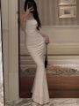 Women Elegant Bodycon Mermaid Dress Summer New Fashion Strap Evening Party Runway Robe Korean Female Solid Long Vestidos.