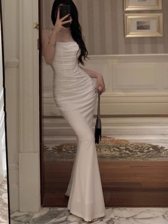 Women Elegant Bodycon Mermaid Dress Summer New Fashion Strap Evening Party Runway Robe Korean Female Solid Long Vestidos